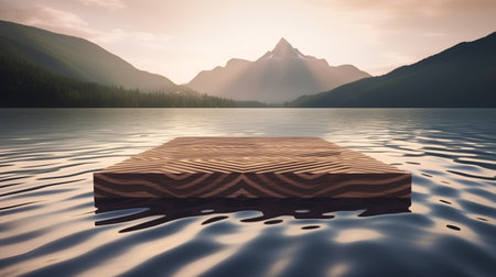 Wooden platform on the lake in the mountains at sunset, 3d renderの素材