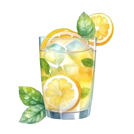 Watercolor illustration of a glass of lemonade with ice and mintの素材