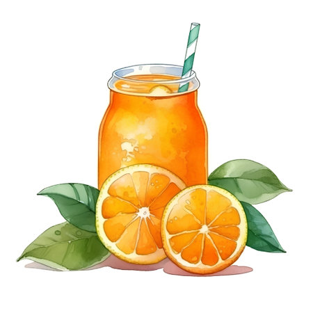 Orange juice in a glass with a straw on a white background.の素材