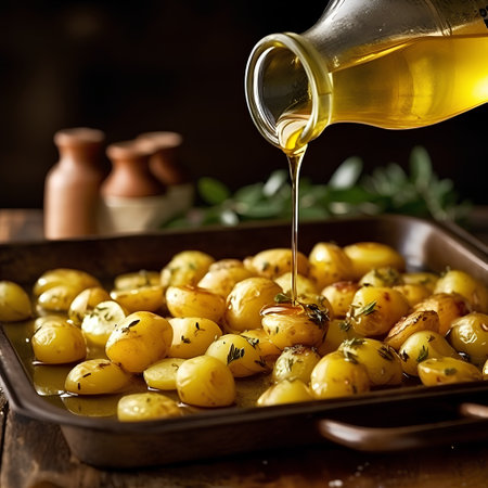 Potatoes with oil and herbs on a wooden table, selective focusの素材