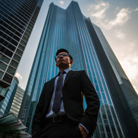 Portrait of a young businessman standing in front of skyscrapersの素材