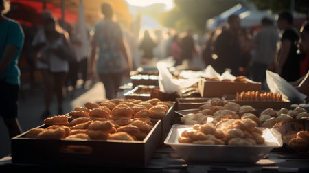 Street food at sunset. Street food in the evening. The concept of street food.の素材