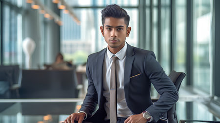 Portrait of a handsome young Indian businessman sitting in an office lobbyの素材