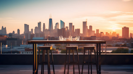 Table and chairs in a rooftop terrace overlooking the New York City skyline at sunsetの素材