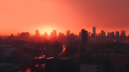Aerial view of the city at sunset. 3D Renderingの素材