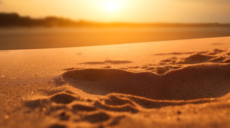 Footprints in the sand on the beach at sunset. Shallow depth of fieldの素材