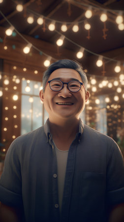 Portrait of smiling Asian man wearing eyeglasses standing in cafeの素材