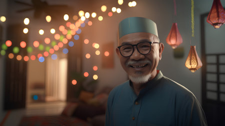 Portrait of a happy senior asian muslim man in the mosqueの素材