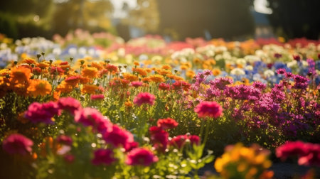 Colorful flowers in the garden at sunset time. Nature background.の素材