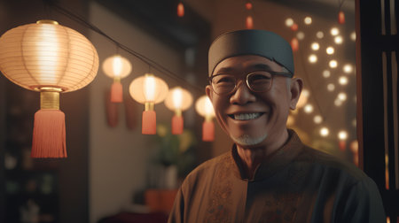 Portrait of happy Asian man wearing traditional clothes and smiling at camera.の素材