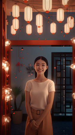 Portrait of a smiling asian woman standing in front of an entrance to a restaurantの素材