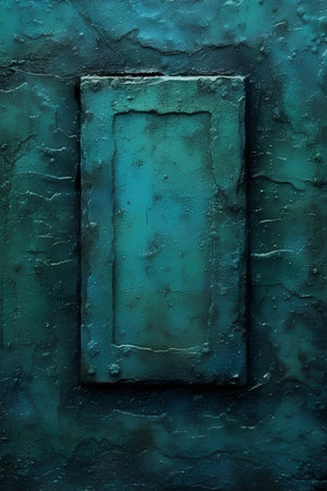 Old grunge rusty metal plate with blue frame. Element for design.の素材
