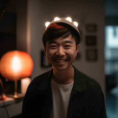 Portrait of young Asian man smiling and looking at the camera in the roomの素材