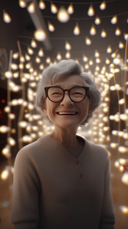 smiling senior woman in eyeglasses with Christmas lights on backgroundの素材