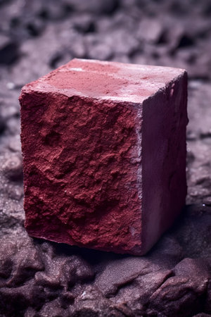 closeup of a red brick on a background of black coal, selective focusの素材