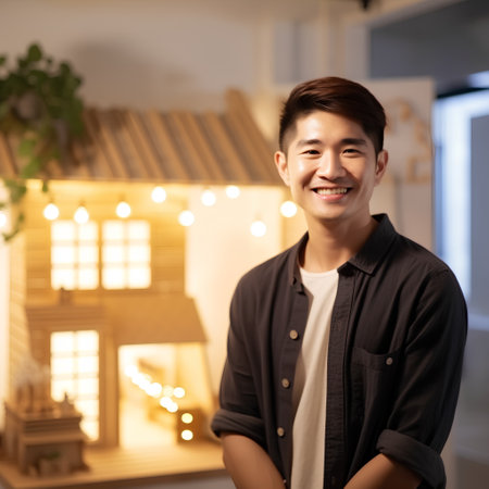 portrait of a young asian man smiling at the camera at homeの素材
