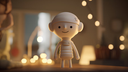3d render of wooden doll with christmas lights bokeh backgroundの素材