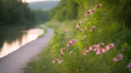 Beautiful summer landscape with a river and pink flowers on the bankの素材