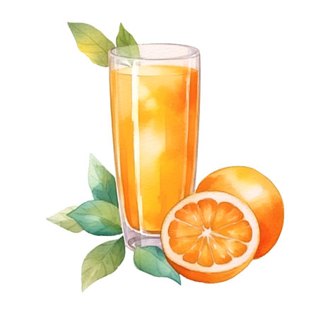 Watercolor illustration of a glass of orange juice with slices of orange and leavesの素材