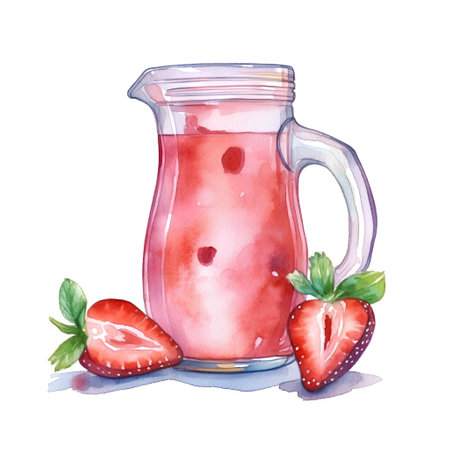 Watercolor illustration of a jug of strawberry smoothie with fresh berriesの素材