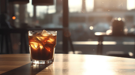 Glass of cola with ice cubes on wooden table in coffee shopの素材