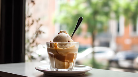 coffee with ice cream on the table in coffee shop blur backgroundの素材