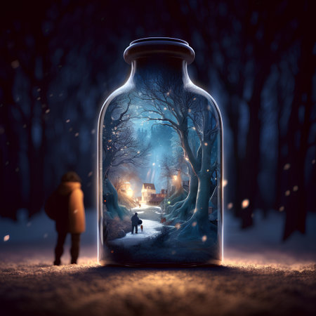 Little girl in a magic bottle with a magic forest inside. 3D rendering.の素材