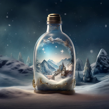 Christmas and New Year holiday background with glass bottle with magic winter landscapeの素材