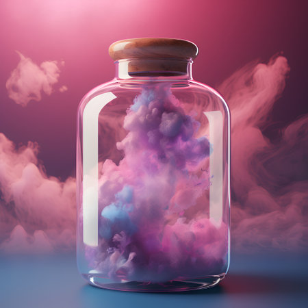 3d rendering of colorful clouds in a glass jar on pink backgroundの素材
