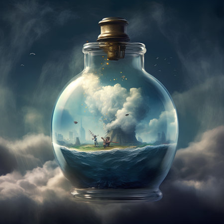 Fantasy landscape in a glass bottle on a background of clouds.の素材