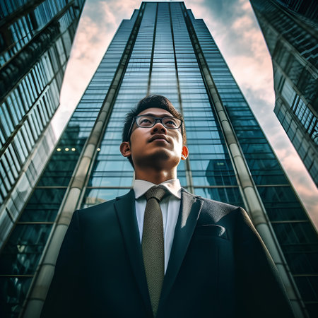 Young handsome businessman in suit and eyeglasses standing in front of modern skyscrapersの素材