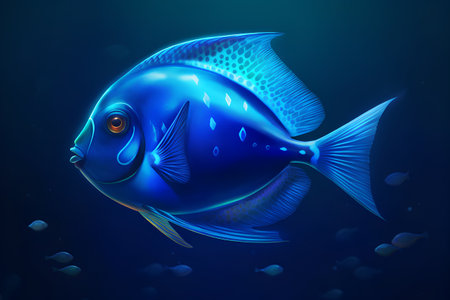 Blue fish on dark blue background. 3d illustration. Underwater world.の素材