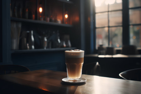 Coffee in a glass on a wooden table in a cafeの素材
