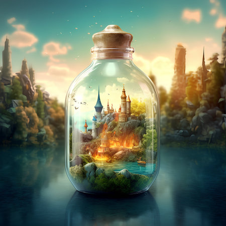 Magic castle in a bottle on nature background. 3d illustration.の素材