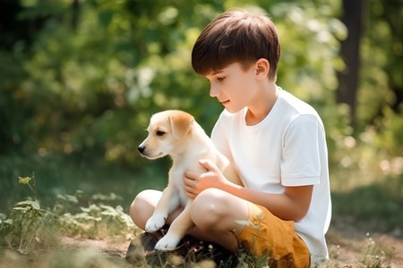 Cute little boy playing with puppy in the park on summer dayの素材
