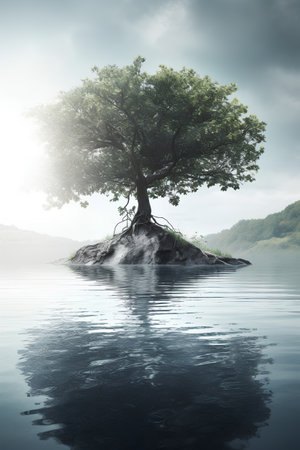 Tree on the island in the sea. Nature composition. 3d renderの素材