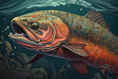 Vector illustration of a salmon in the sea. Fish in the ocean.の素材