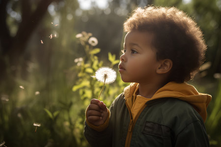 Little african american boy blowing dandelion in the parkの素材