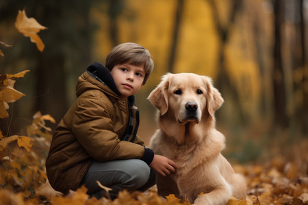 Little boy with golden retriever dog in autumn park. Portrait of a child in the park.の素材