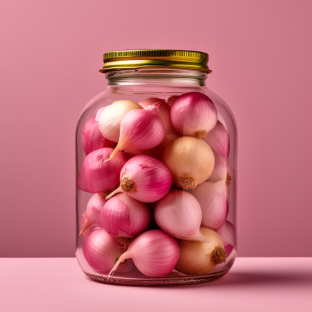 Glass jar with onion on pink background. Concept of healthy eating.の素材