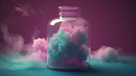 3d rendering of a glass jar with pink and blue smoke insideの素材