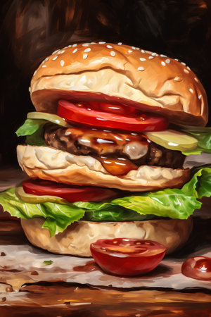 Hamburger with beef, tomato and lettuce. Hand-drawn illustration.の素材