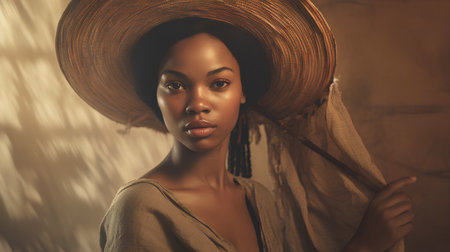 Portrait of a beautiful african american woman in straw hatの素材