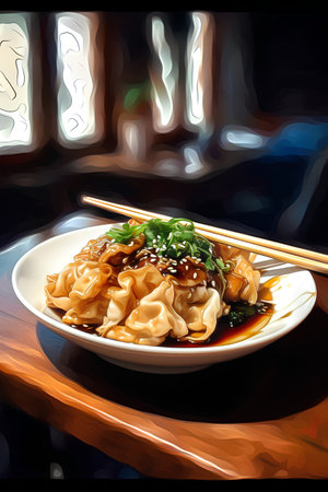 Illustration of dumplings with soy sauce and chopsticks.の素材