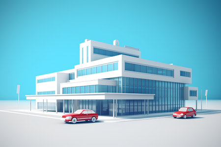 3d render of modern office building with red car on blue backgroundの素材