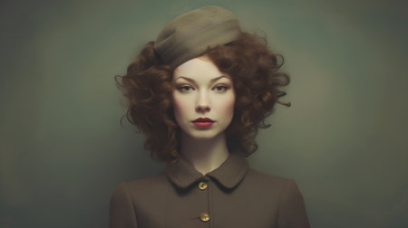 Retro portrait of beautiful young woman with red hair and beretの素材