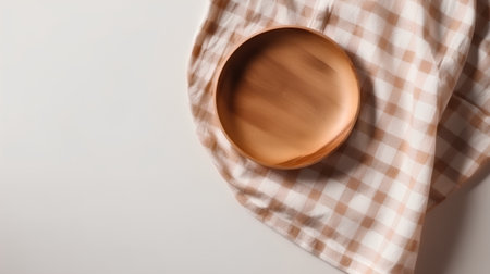 Wooden plate and napkin on a light background, top viewの素材