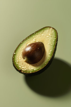 Half of avocado with seeds on green background. Minimal food concept.の素材