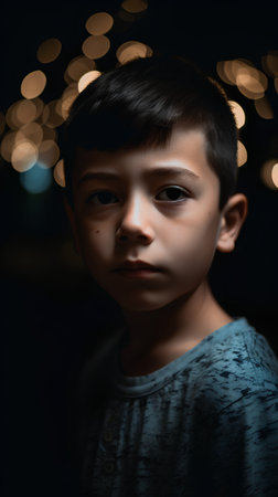 Portrait of a little boy in the city at night with bokeh lightsの素材