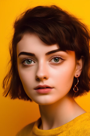 Portrait of a beautiful young woman on a yellow background. Beauty, fashion.の素材